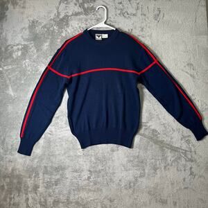 Obermeyer Vintage Navy Red Stripe Ski Sweater 80s 90s Retro Pullover Wool Blend